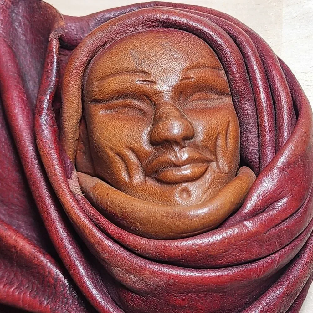 Unique Signed D. Haas Leather Mask Face Sculptured Decorative Vtg Tribal Art‎